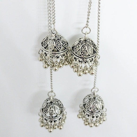 Bollywood-inspired Silver Jhumka Earrings with Elegant Duster Length Design - Picture 5 of 12